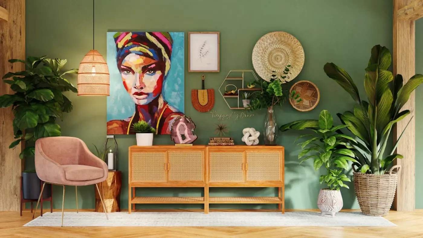 Sala com parede verde, quadro colorido, luminária de palha, poltrona rosa, aparador de rattan e muitas plantas