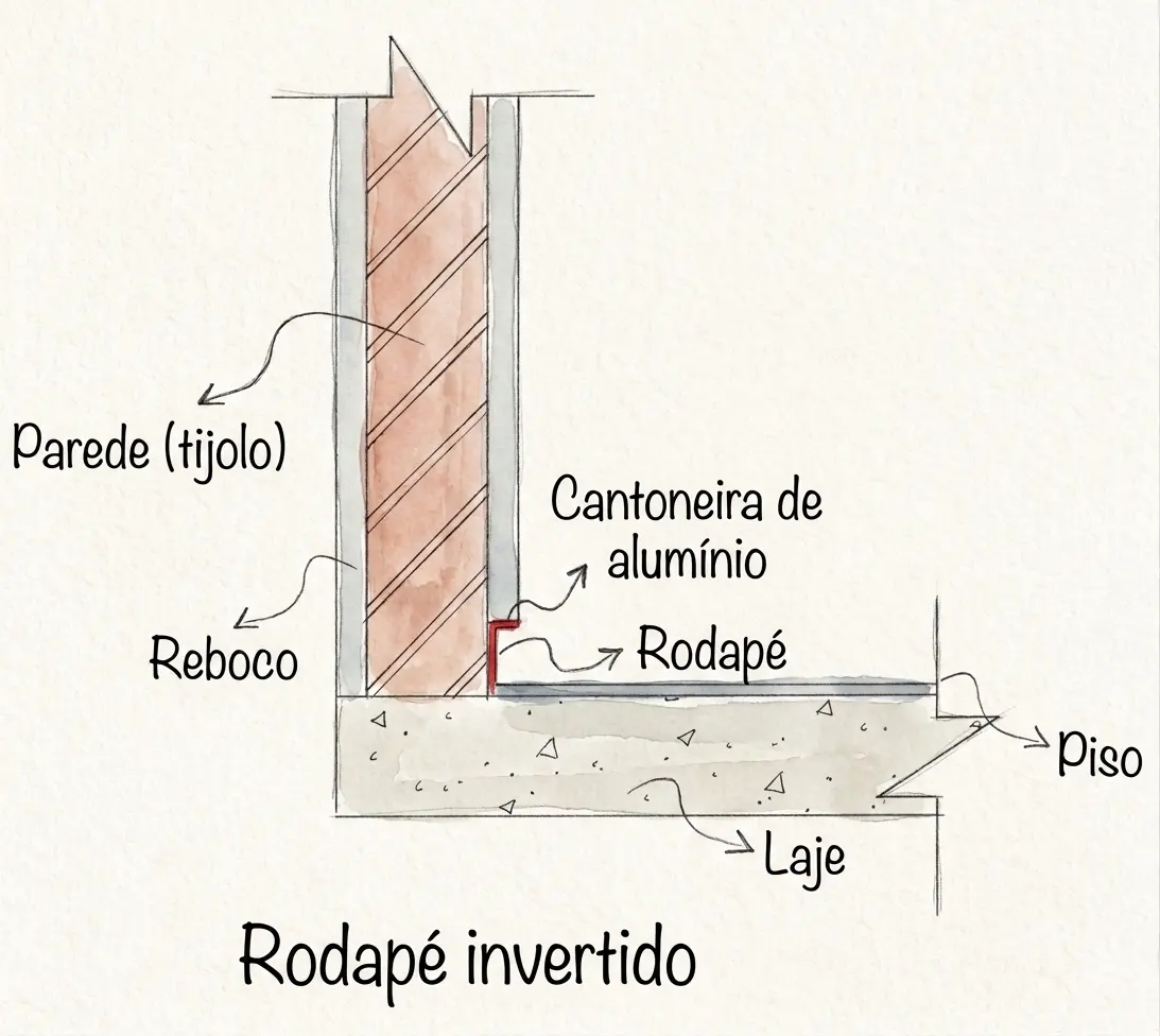 O rodapé invertido exige um perfil metálico (geralmente de alumínio) chumbado na alvenaria antes do acabamento. O gesso ou o reboco precisam descer perfeitamente alinhados até a borda desse perfil.