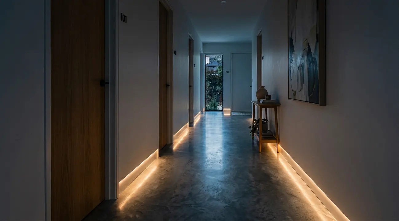 Rodapé invertido com iluminação LED gerando uma iluminação cinematográfica no corredor
