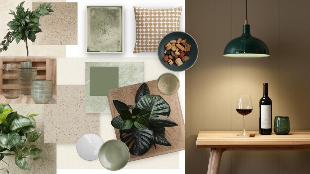 Moodboard com paleta de cores, texturas e materiais do ambiente