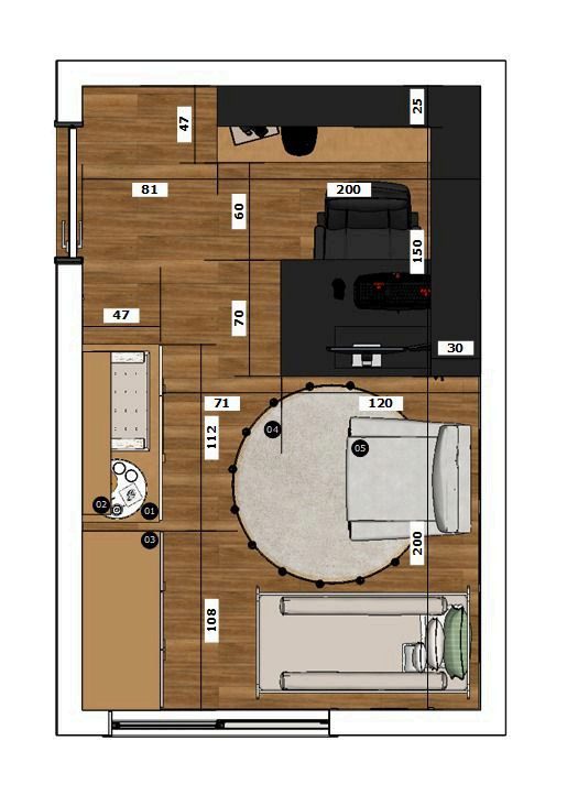 Planta humanizada do quartinho com layout e mobiliário posicionado