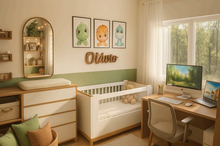 Imagem realista do quartinho pronto, com berço e home office integrado