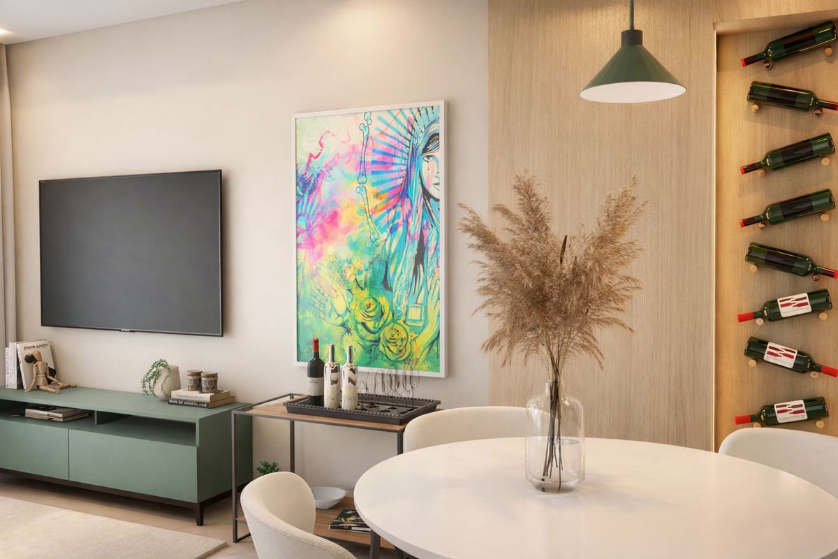 Mesa de jantar com adega vertical e pendente verde