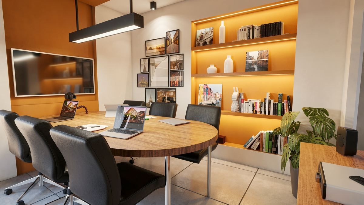 Sala de reuniões com estante laranja e mesa oval de madeira