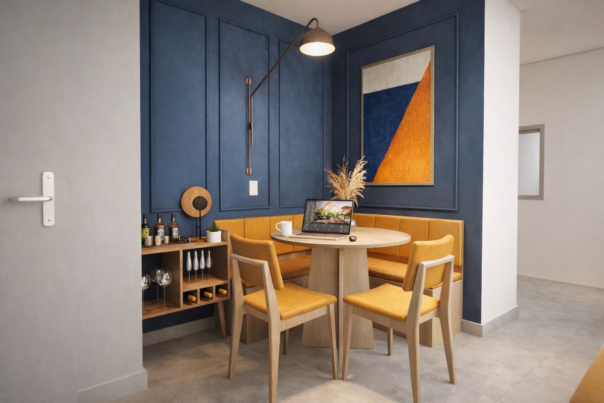 Canto de jantar com parede azul e quadro geométrico