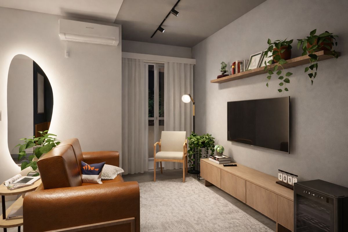 Sala de estar renovada com sofá de couro caramelo, painel de TV e iluminação em trilho