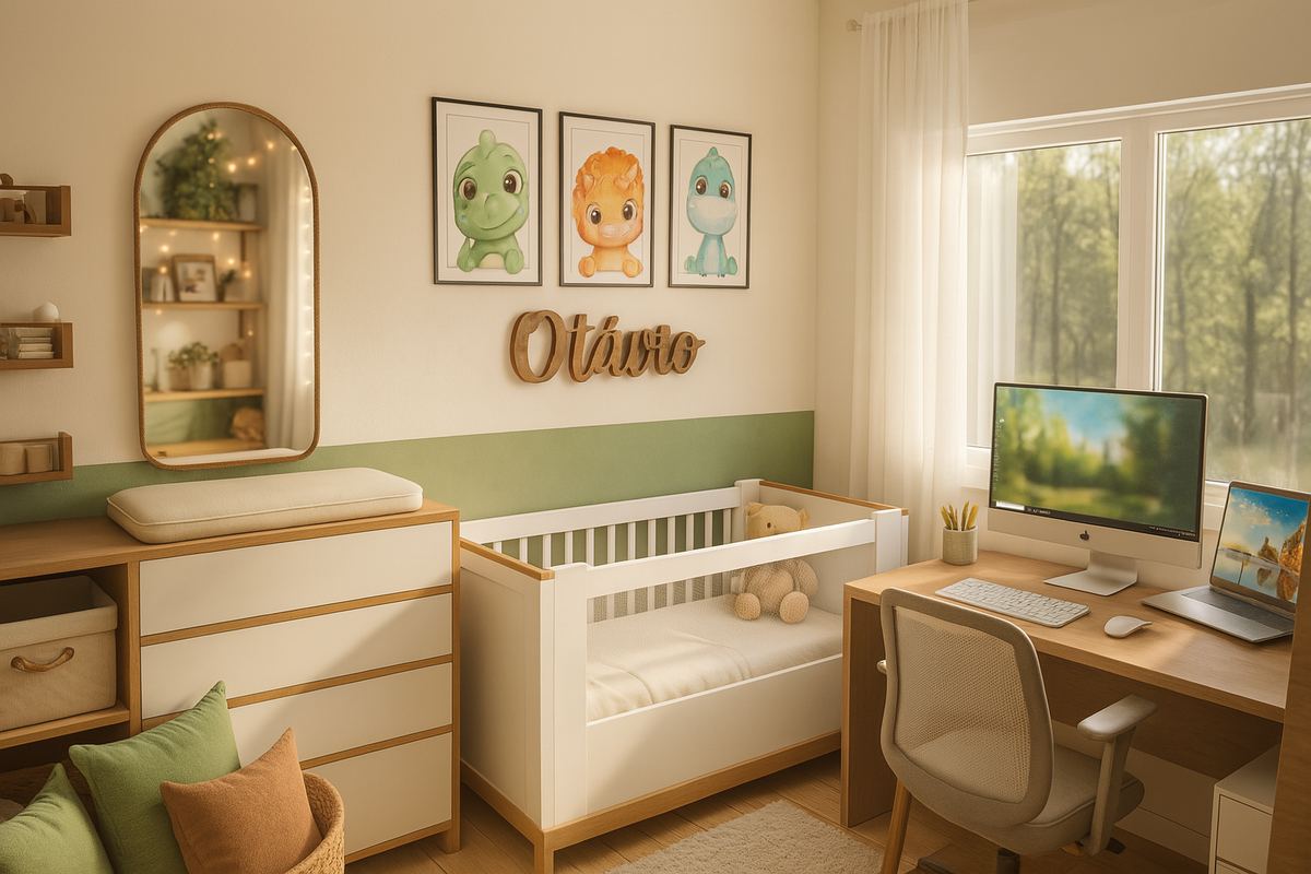 Quartinho de bebê com berço, cômoda e home office integrado em tons de verde