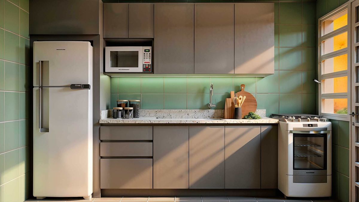 Cozinha com revestimento verde e luz do fim de tarde