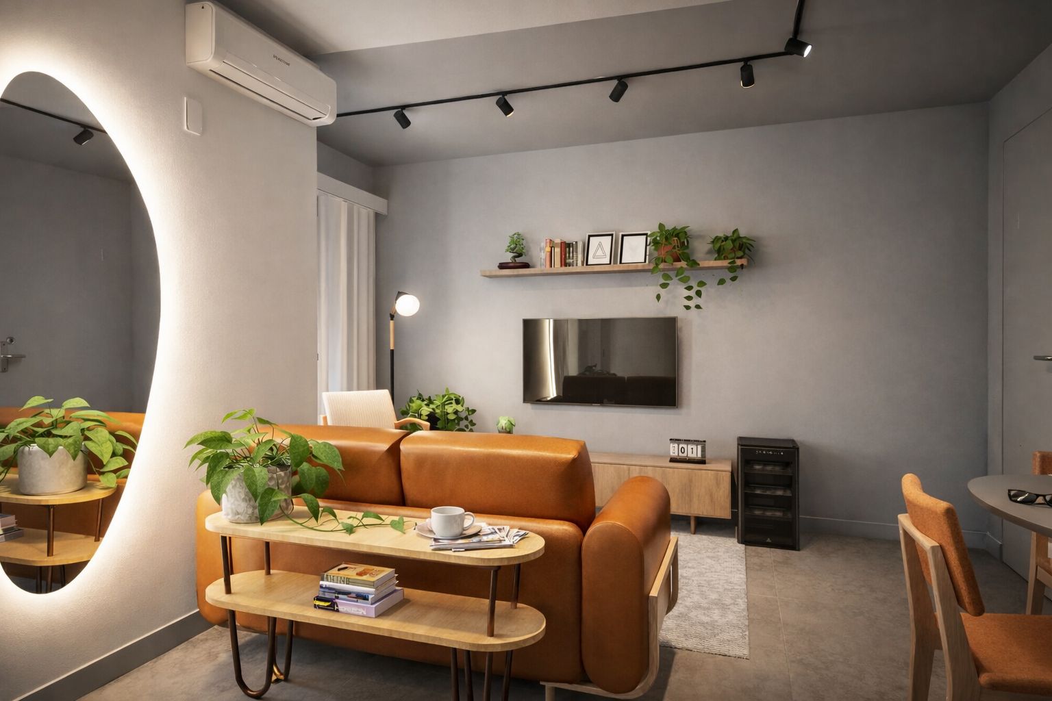 Sala de estar renovada pelo Anagrama Renova, com sofá de couro caramelo e iluminação acolhedora